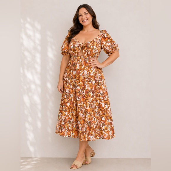 Eloquii Dresses & Skirts - Eloquii Rust Floral Tie-Front Midi‎ Dress 18